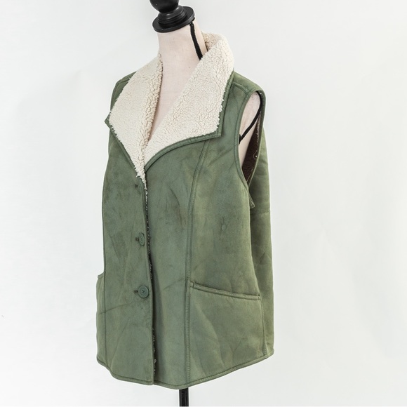 Gorpcore cozy warm faux Suede vest wide collar sherpa lining green Denim & Co XL - Picture 4 of 14